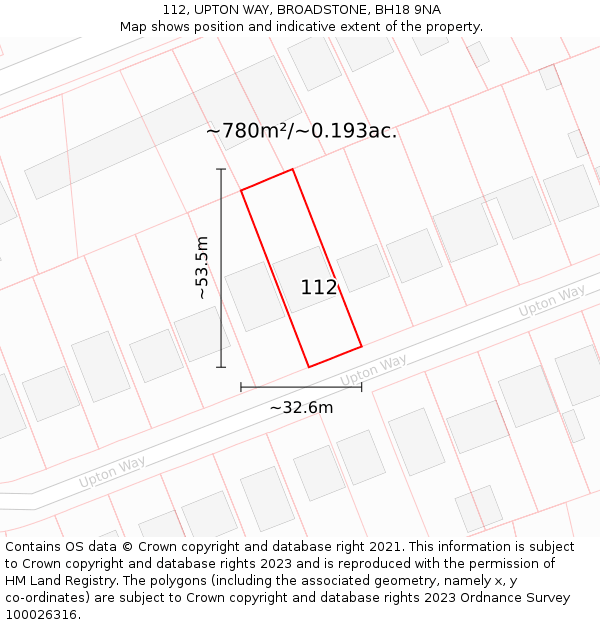 112, UPTON WAY, BROADSTONE, BH18 9NA: Plot and title map