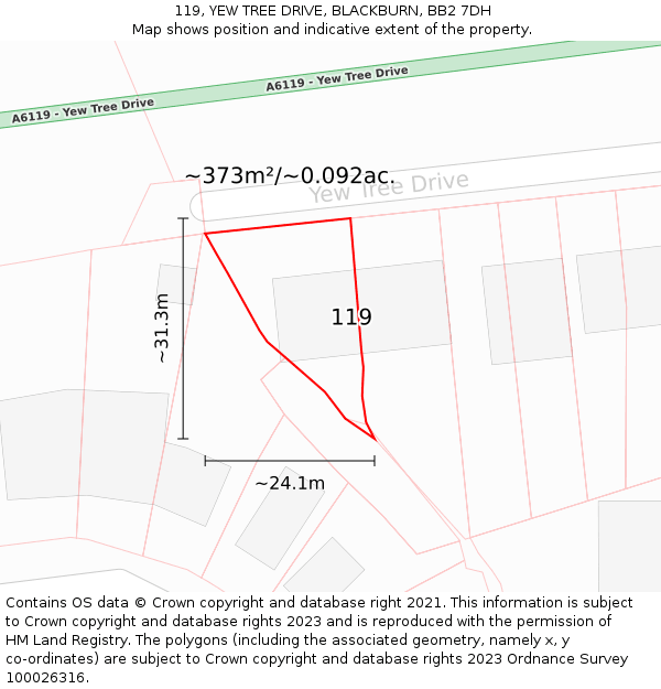 119, YEW TREE DRIVE, BLACKBURN, BB2 7DH: Plot and title map
