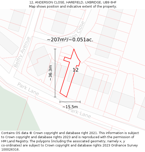 12, ANDERSON CLOSE, HAREFIELD, UXBRIDGE, UB9 6HF: Plot and title map