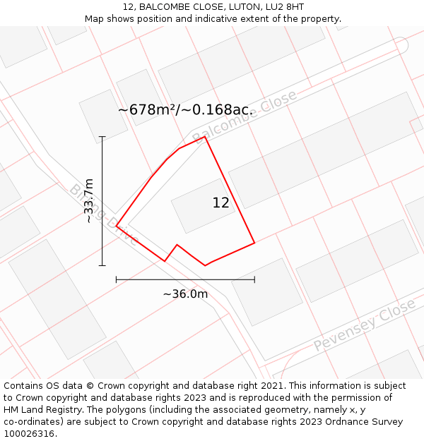 12, BALCOMBE CLOSE, LUTON, LU2 8HT: Plot and title map