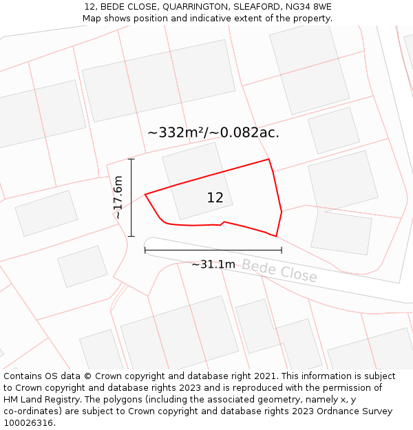 12, BEDE CLOSE, QUARRINGTON, SLEAFORD, NG34 8WE: Plot and title map