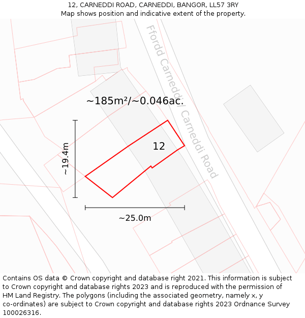 12, CARNEDDI ROAD, CARNEDDI, BANGOR, LL57 3RY: Plot and title map