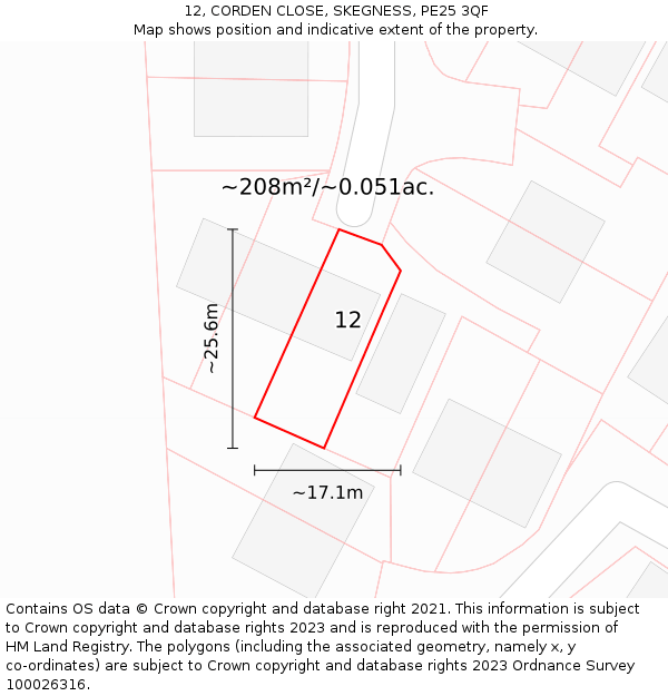 12, CORDEN CLOSE, SKEGNESS, PE25 3QF: Plot and title map