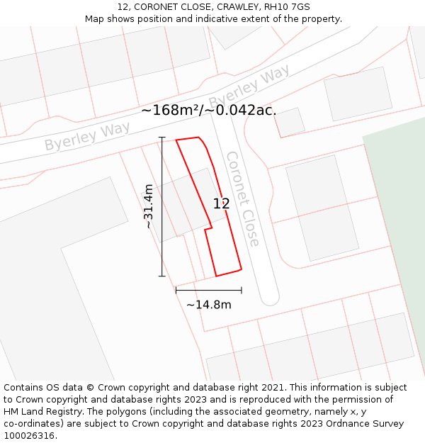12, CORONET CLOSE, CRAWLEY, RH10 7GS: Plot and title map
