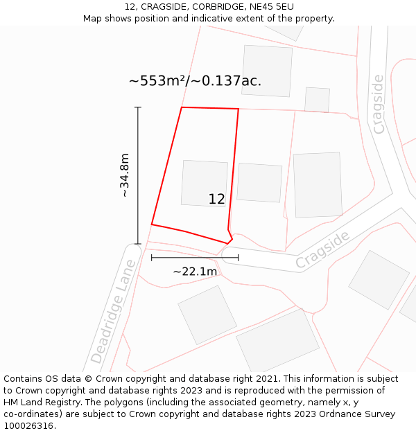 12, CRAGSIDE, CORBRIDGE, NE45 5EU: Plot and title map