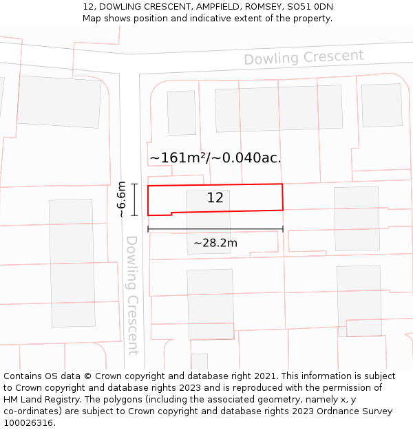 12, DOWLING CRESCENT, AMPFIELD, ROMSEY, SO51 0DN: Plot and title map