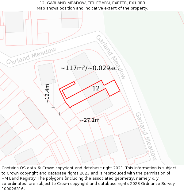 12, GARLAND MEADOW, TITHEBARN, EXETER, EX1 3RR: Plot and title map