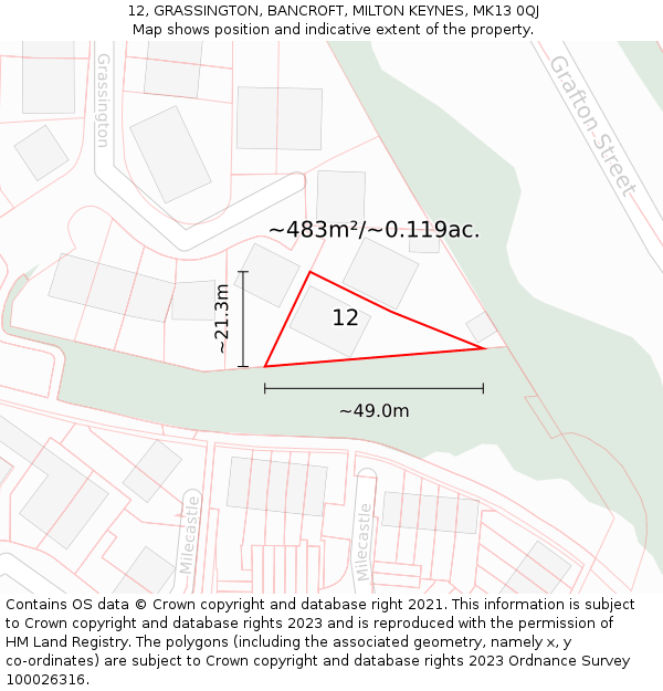 12, GRASSINGTON, BANCROFT, MILTON KEYNES, MK13 0QJ: Plot and title map