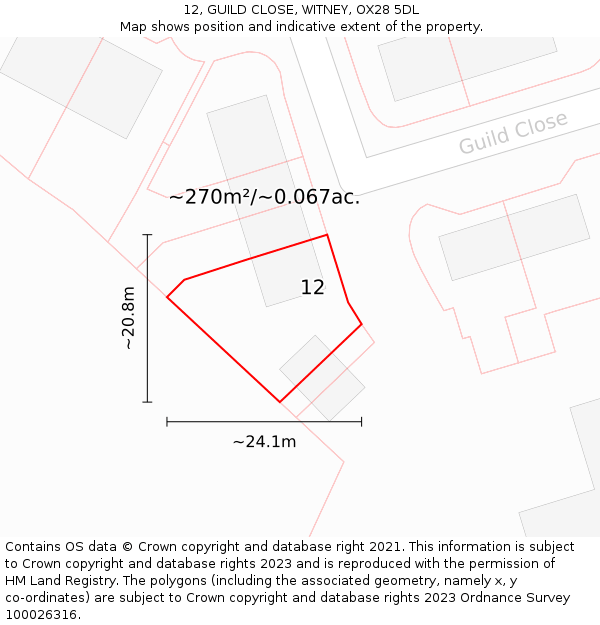 12, GUILD CLOSE, WITNEY, OX28 5DL: Plot and title map