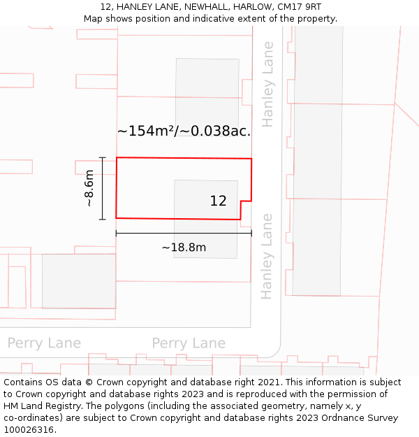 12, HANLEY LANE, NEWHALL, HARLOW, CM17 9RT: Plot and title map