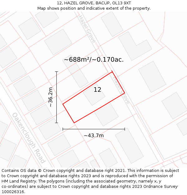 12, HAZEL GROVE, BACUP, OL13 9XT: Plot and title map