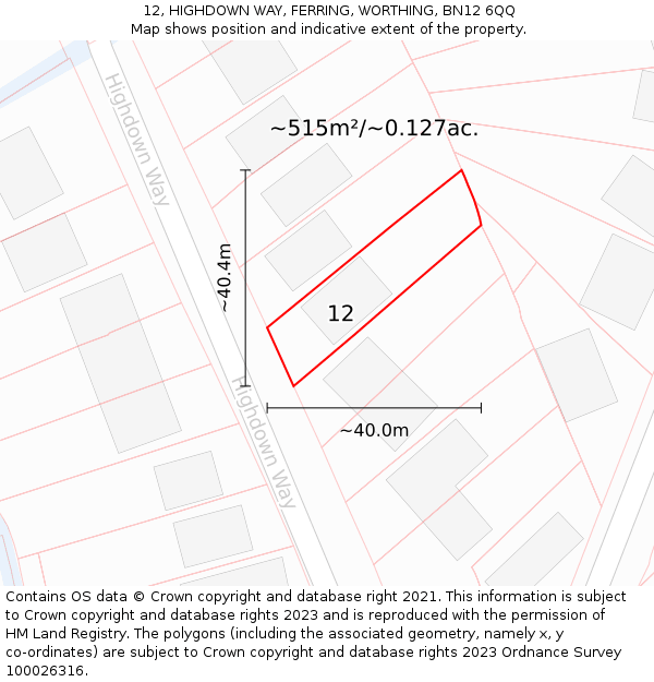 12, HIGHDOWN WAY, FERRING, WORTHING, BN12 6QQ: Plot and title map