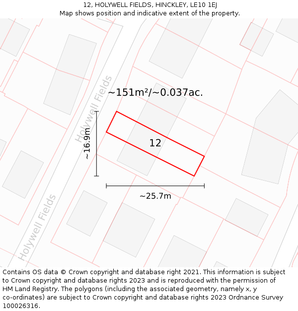 12, HOLYWELL FIELDS, HINCKLEY, LE10 1EJ: Plot and title map