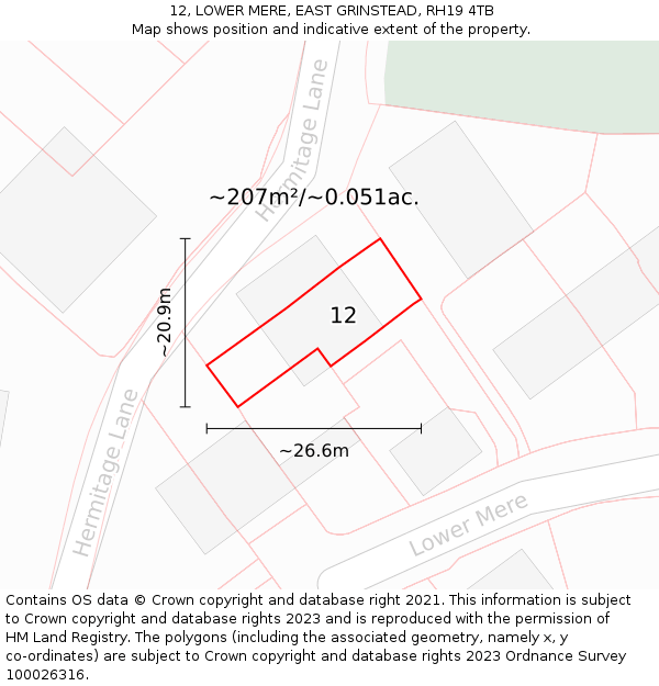 12, LOWER MERE, EAST GRINSTEAD, RH19 4TB: Plot and title map
