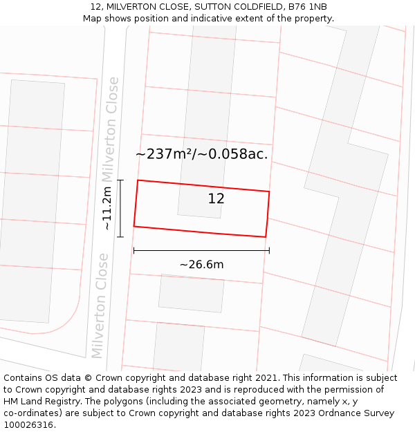 12, MILVERTON CLOSE, SUTTON COLDFIELD, B76 1NB: Plot and title map