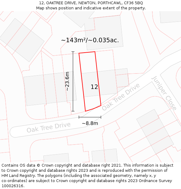 12, OAKTREE DRIVE, NEWTON, PORTHCAWL, CF36 5BQ: Plot and title map
