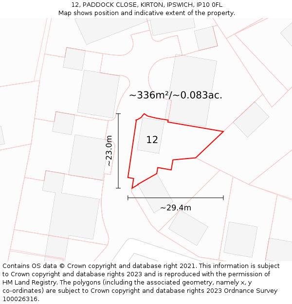 12, PADDOCK CLOSE, KIRTON, IPSWICH, IP10 0FL: Plot and title map