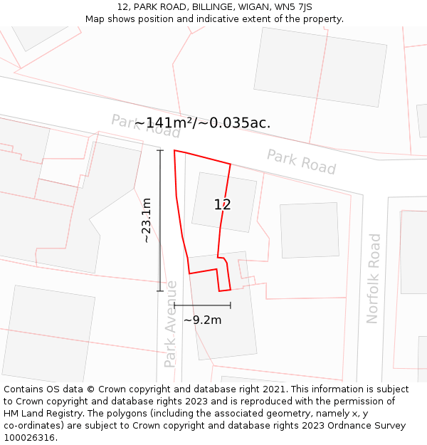 12, PARK ROAD, BILLINGE, WIGAN, WN5 7JS: Plot and title map