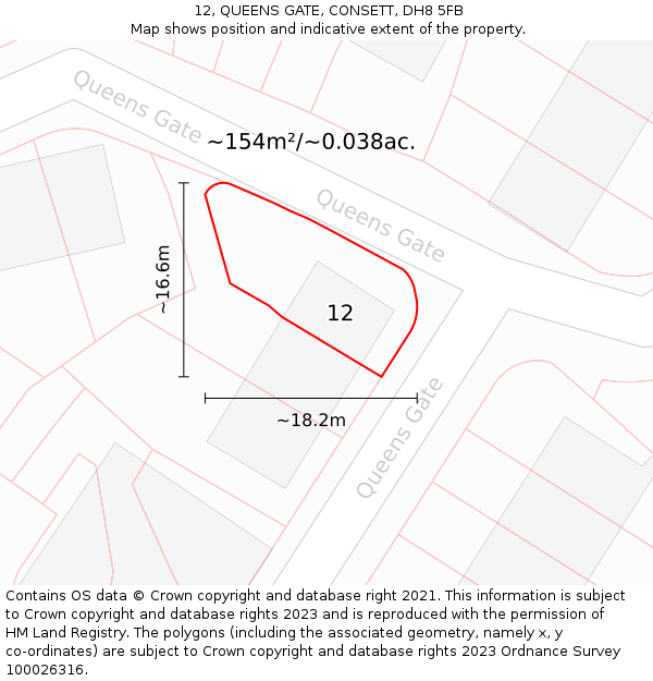 12, QUEENS GATE, CONSETT, DH8 5FB: Plot and title map