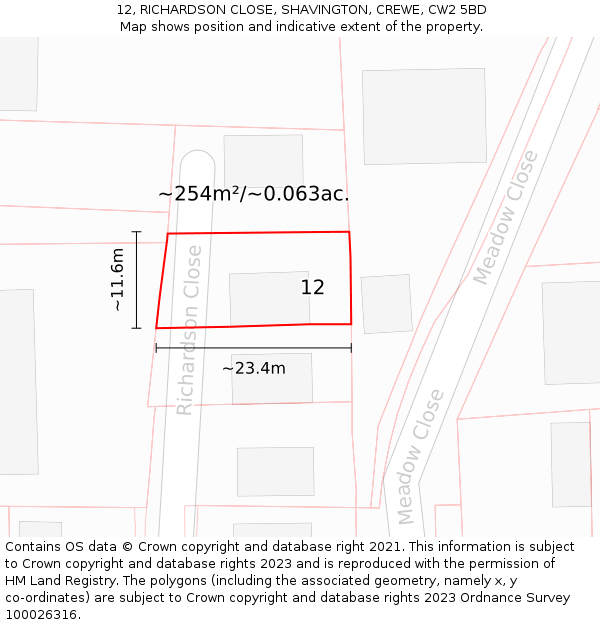 12, RICHARDSON CLOSE, SHAVINGTON, CREWE, CW2 5BD: Plot and title map