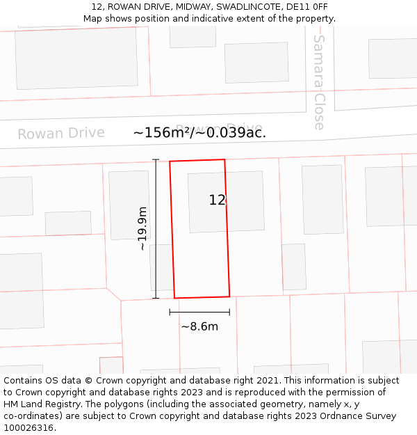 12, ROWAN DRIVE, MIDWAY, SWADLINCOTE, DE11 0FF: Plot and title map
