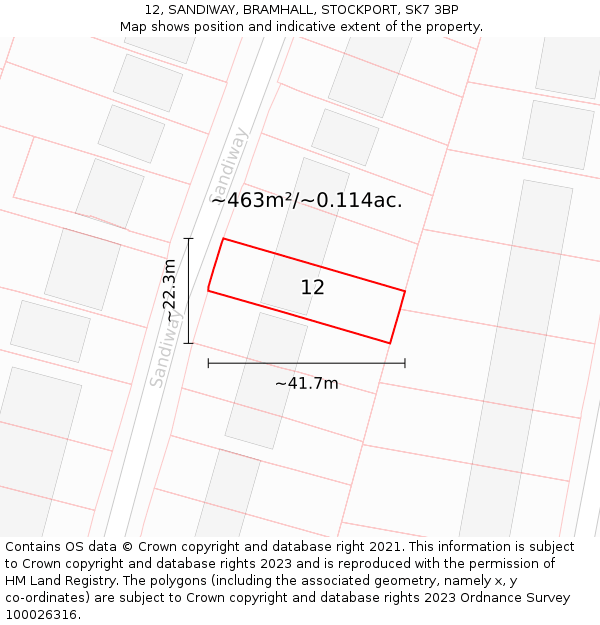 12, SANDIWAY, BRAMHALL, STOCKPORT, SK7 3BP: Plot and title map