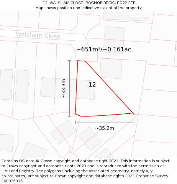 12, WALSHAM CLOSE, BOGNOR REGIS, PO22 8EP: Plot and title map