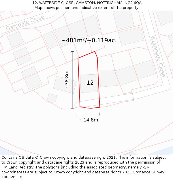 12, WATERSIDE CLOSE, GAMSTON, NOTTINGHAM, NG2 6QA: Plot and title map