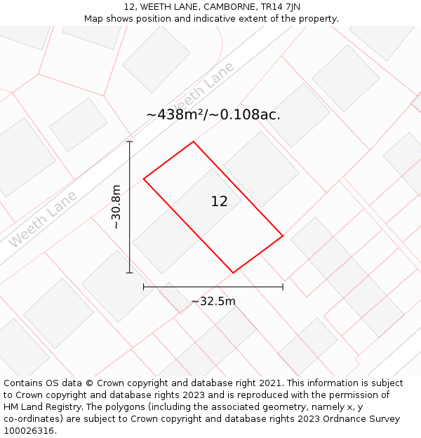 12, WEETH LANE, CAMBORNE, TR14 7JN: Plot and title map