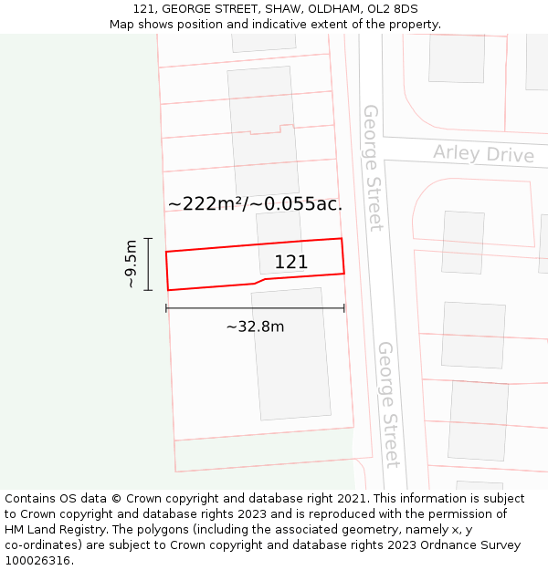 121, GEORGE STREET, SHAW, OLDHAM, OL2 8DS: Plot and title map