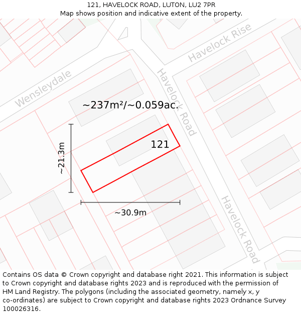 121, HAVELOCK ROAD, LUTON, LU2 7PR: Plot and title map