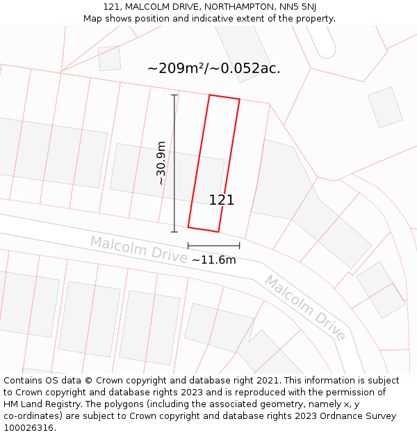 121, MALCOLM DRIVE, NORTHAMPTON, NN5 5NJ: Plot and title map