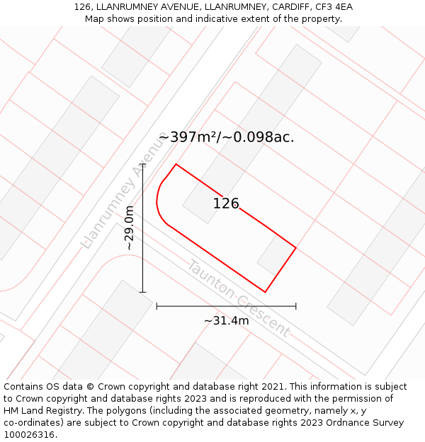 126, LLANRUMNEY AVENUE, LLANRUMNEY, CARDIFF, CF3 4EA: Plot and title map
