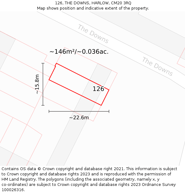 126, THE DOWNS, HARLOW, CM20 3RQ: Plot and title map