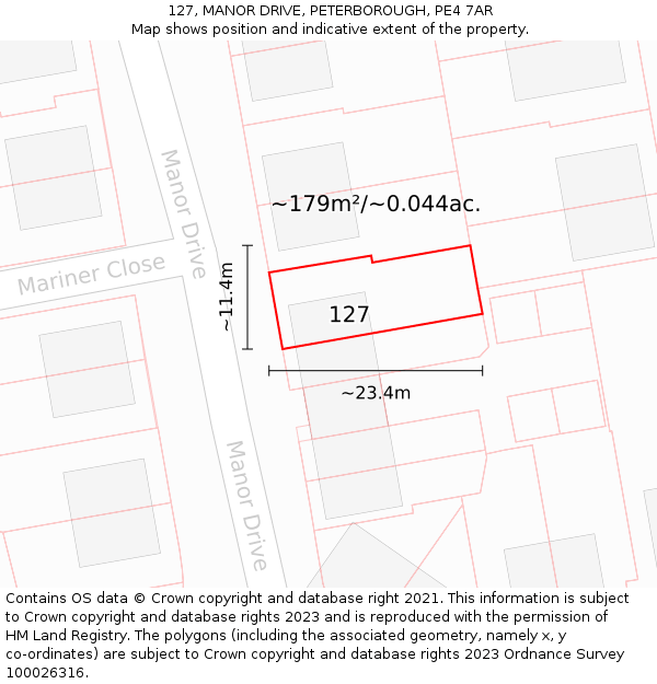 127, MANOR DRIVE, PETERBOROUGH, PE4 7AR: Plot and title map