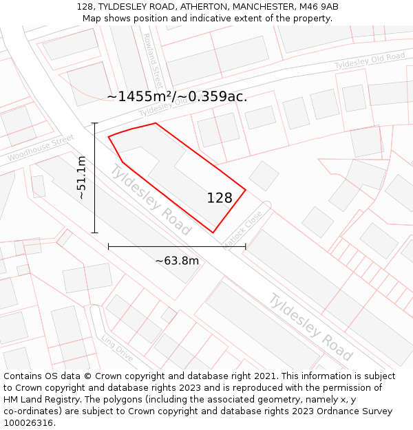 128, TYLDESLEY ROAD, ATHERTON, MANCHESTER, M46 9AB: Plot and title map