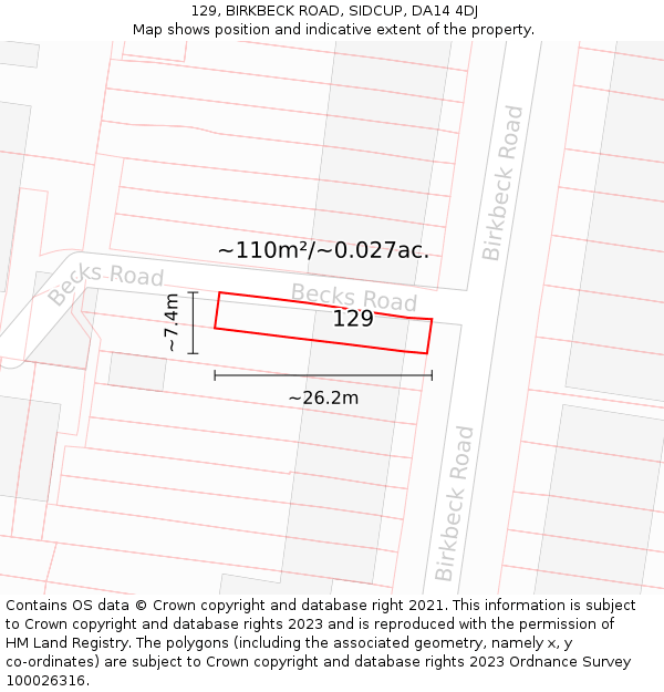129, BIRKBECK ROAD, SIDCUP, DA14 4DJ: Plot and title map