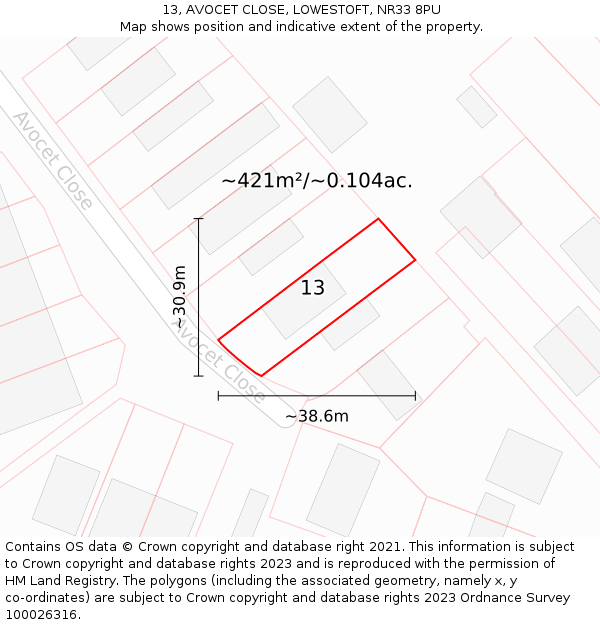 13, AVOCET CLOSE, LOWESTOFT, NR33 8PU: Plot and title map