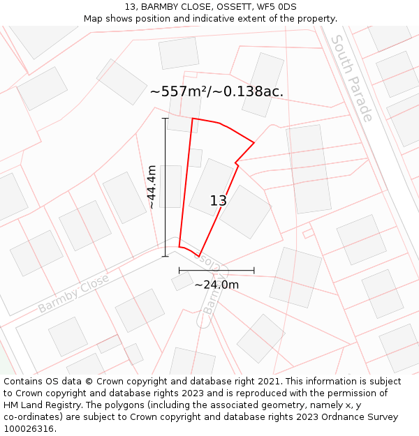 13, BARMBY CLOSE, OSSETT, WF5 0DS: Plot and title map