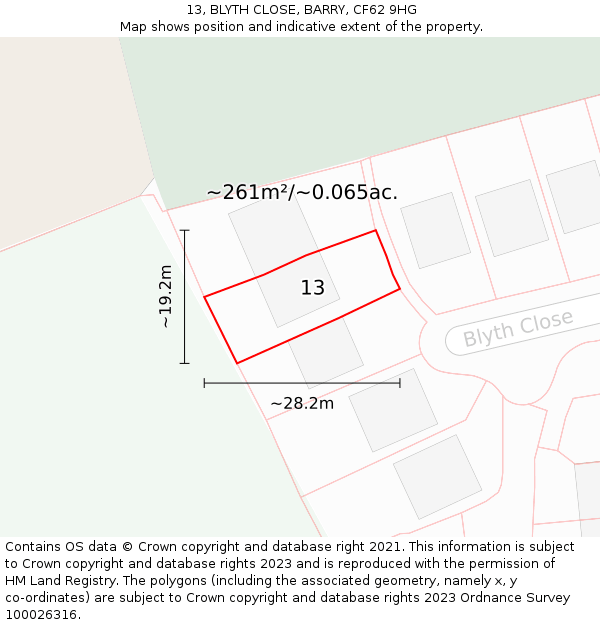 13, BLYTH CLOSE, BARRY, CF62 9HG: Plot and title map