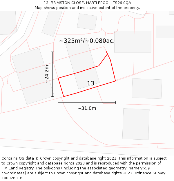 13, BRIMSTON CLOSE, HARTLEPOOL, TS26 0QA: Plot and title map