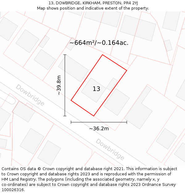13, DOWBRIDGE, KIRKHAM, PRESTON, PR4 2YJ: Plot and title map