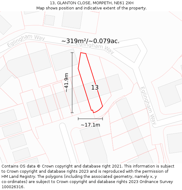 13, GLANTON CLOSE, MORPETH, NE61 2XH: Plot and title map