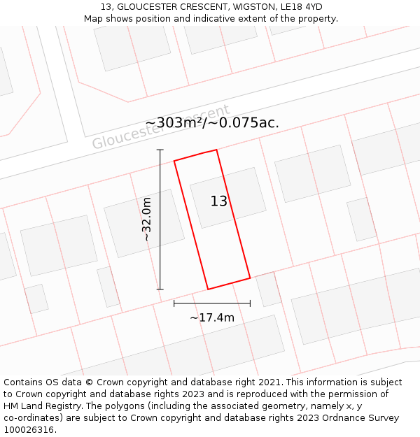 13, GLOUCESTER CRESCENT, WIGSTON, LE18 4YD: Plot and title map