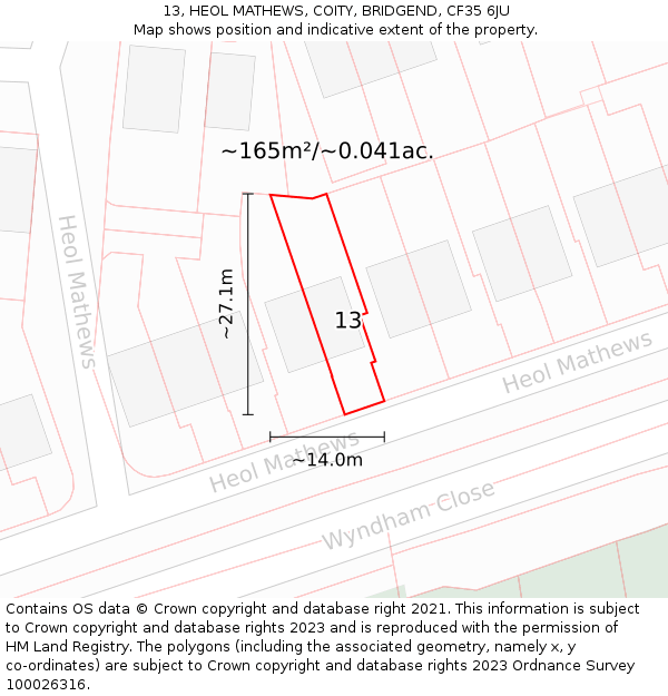 13, HEOL MATHEWS, COITY, BRIDGEND, CF35 6JU: Plot and title map