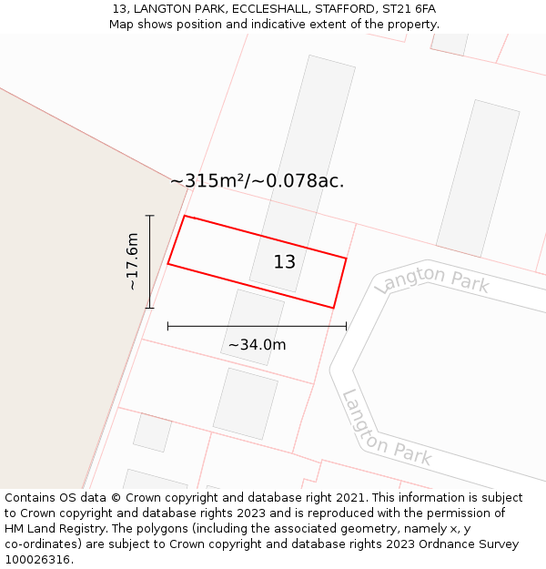 13, LANGTON PARK, ECCLESHALL, STAFFORD, ST21 6FA: Plot and title map