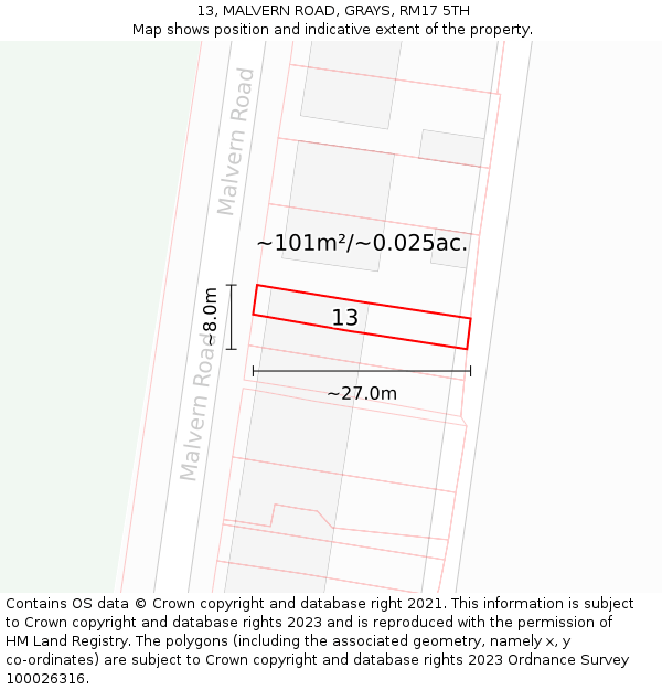 13, MALVERN ROAD, GRAYS, RM17 5TH: Plot and title map