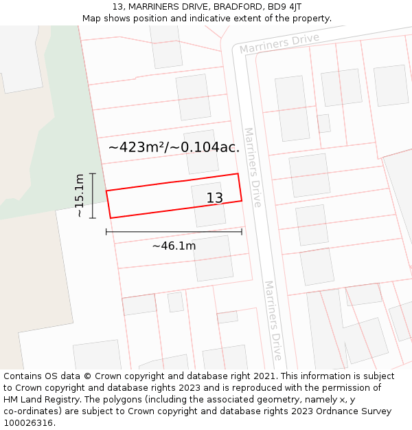 13, MARRINERS DRIVE, BRADFORD, BD9 4JT: Plot and title map