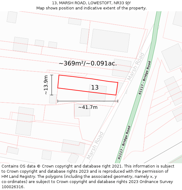 13, MARSH ROAD, LOWESTOFT, NR33 9JY: Plot and title map