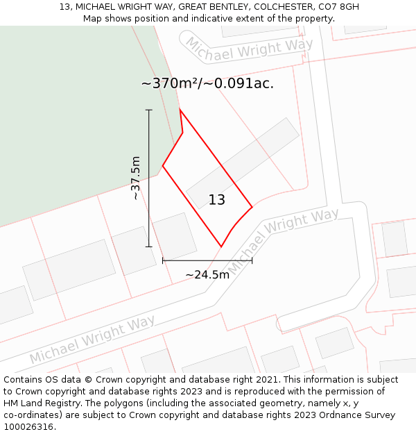 13, MICHAEL WRIGHT WAY, GREAT BENTLEY, COLCHESTER, CO7 8GH: Plot and title map